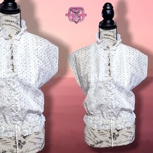 Vintage 70s Boho Calico Floral Print Lace Blouse Top, Small